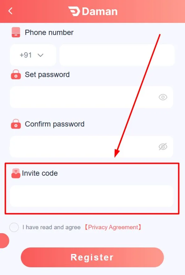 Daman Game registration screen showing the field to enter an invite code